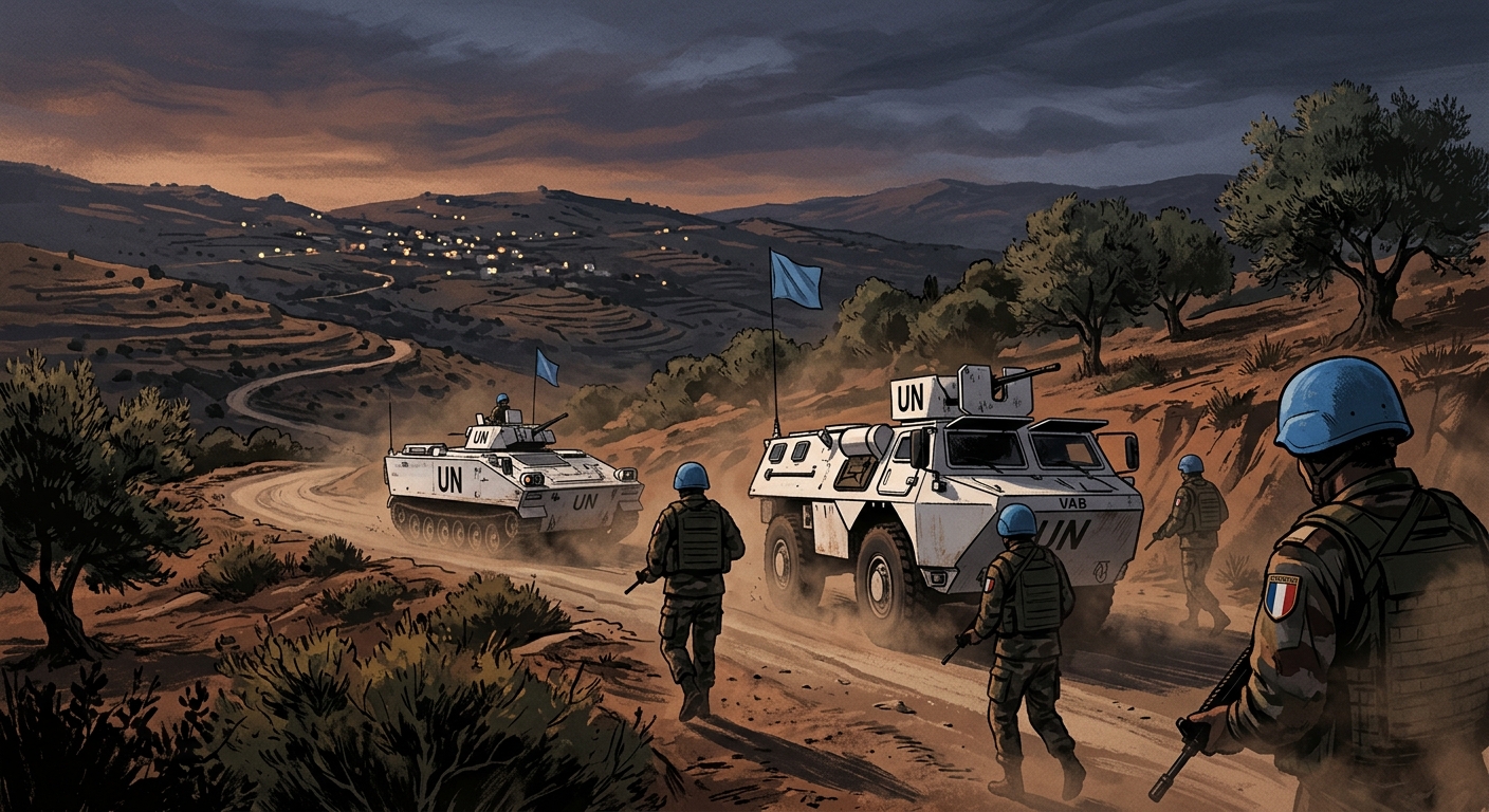 A UNIFIL patrol on a dusty road in southern Lebanon at dusk