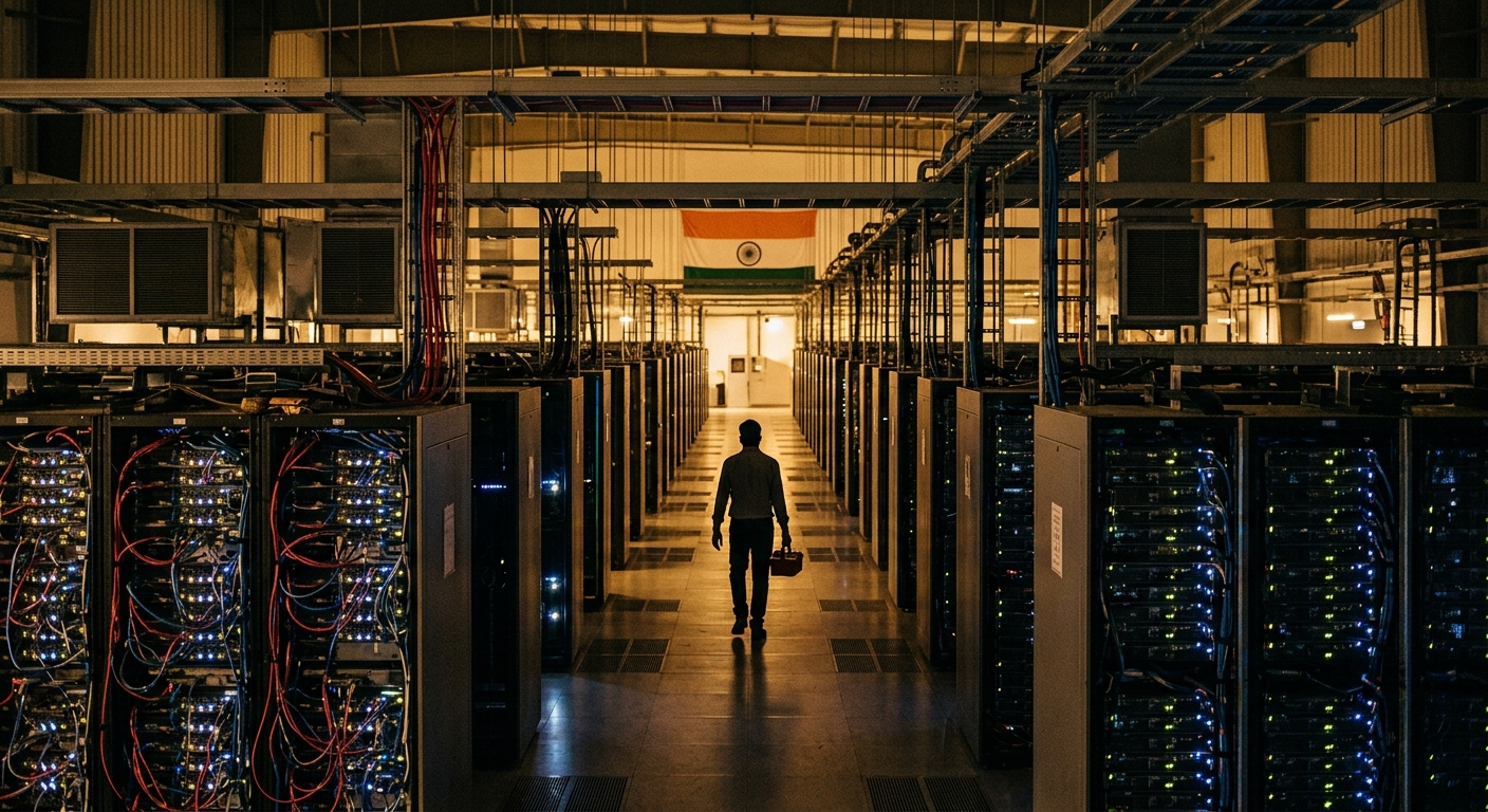 Interior of an Indian AI data centre, rows of GPU racks lit in blue