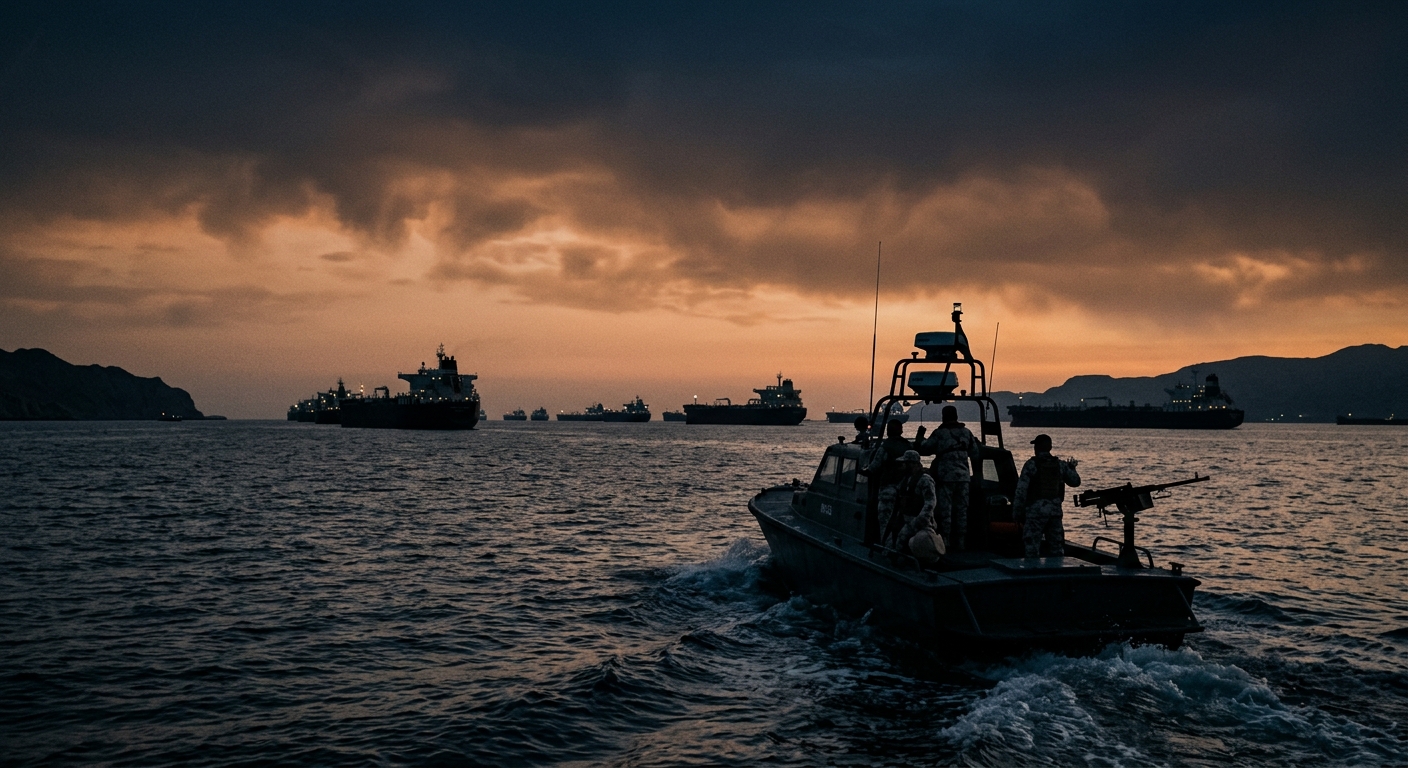 Editorial illustration of the Strait of Hormuz at dusk, oil tankers queued in silhouette waiting to transit, Iranian patrol boat in foreground