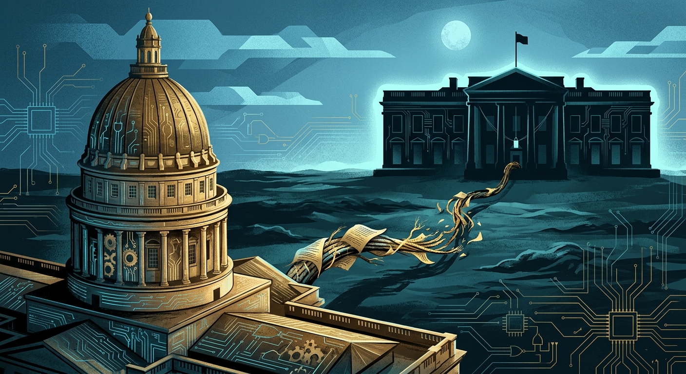 Utah Capitol and White House connected by a fraying tether over a circuit board
