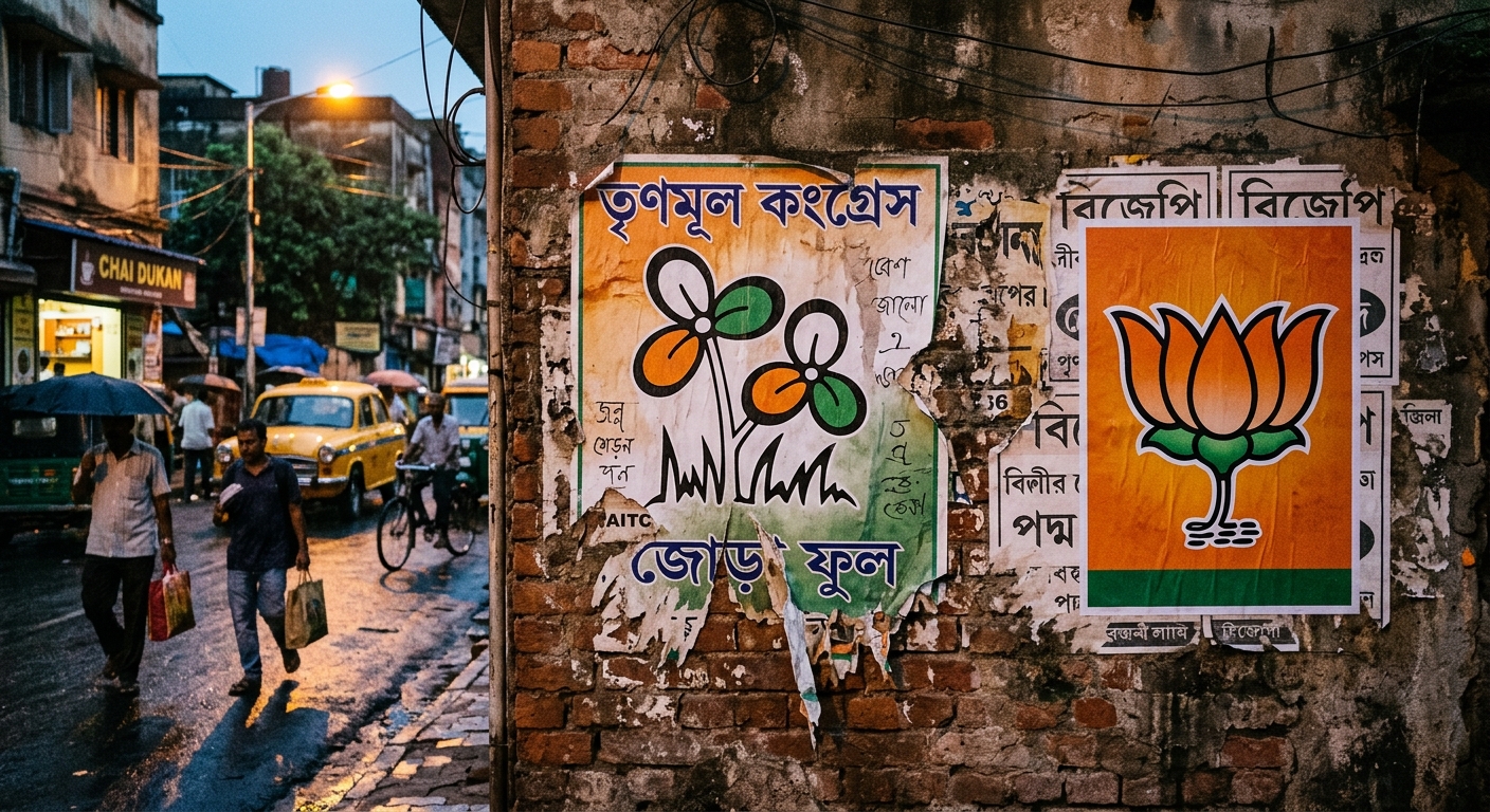 A weathered political poster in Kolkata showing a torn Trinamool Congress twin-flower symbol peeling away from a wall, with a BJP lotus poster newly pasted alongside it.