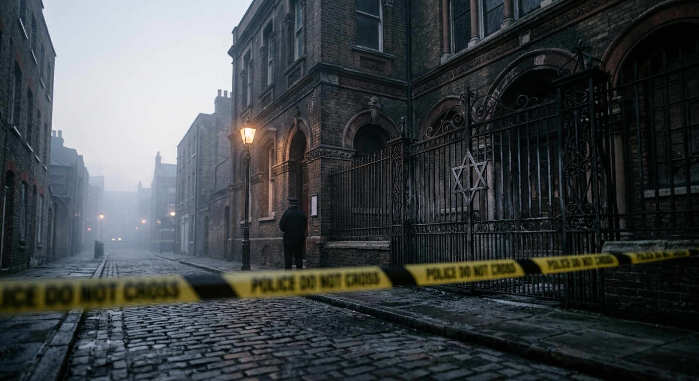 Editorial illustration: a Victorian-era East End London synagogue building at dawn with soot marks around the entrance gates, a Star of David worked into the ironwork, mist and pale grey morning light, police tape in the foreground blurred, mood is quiet aftermath rather than dramatic. Restrained, documentary tone.
