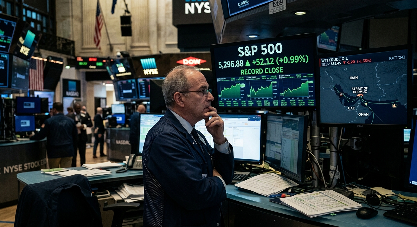 A trader on the NYSE floor watching monitors showing a green S&P 500 record close alongside a Strait of Hormuz map.