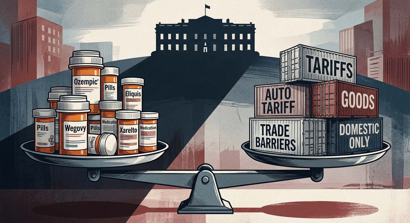 Editorial illustration of pill bottles balanced against tariff cargo containers under a White House silhouette