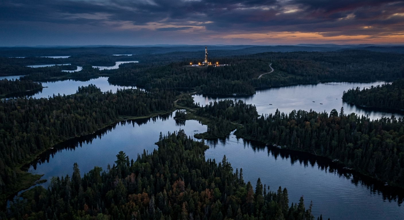 A wide aerial view of the Boundary Waters Canoe Area Wilderness in northern Minnesota — a mosaic of pine forest and interconnected lakes at dusk, with a single lit exploration drill rig visible on a distant ridge line beyond the tree cover. Muted, editorial color palette.