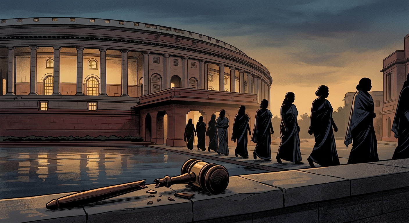 Editorial illustration: India's Parliament building at dusk, a broken gavel on the foreground, silhouettes of women MPs walking away