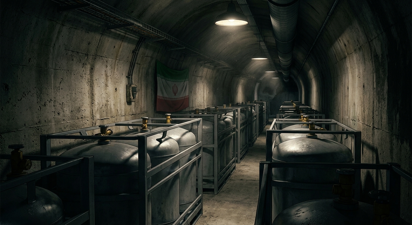 Uranium hexafluoride storage cylinders in a dimly lit Iranian tunnel