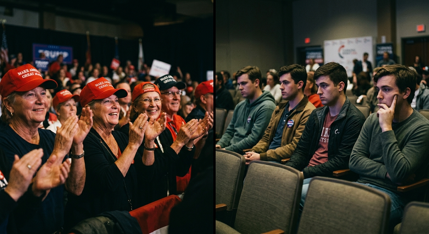 Split-screen editorial photograph: on the left, older MAGA supporters in red hats at a rally applauding; on the right, young men in their 20s at a Turning Point USA event looking uncertain and disengaged.