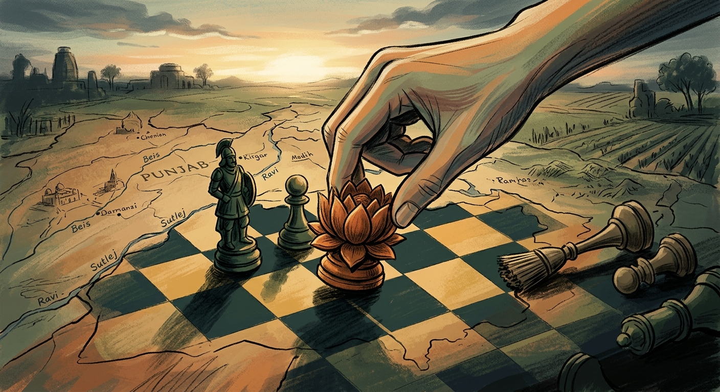 Editorial illustration: a chessboard on a map of Punjab, with a lotus-shaped piece replacing a broom-shaped piece near a central square. Muted saffron and green tones, dawn light.