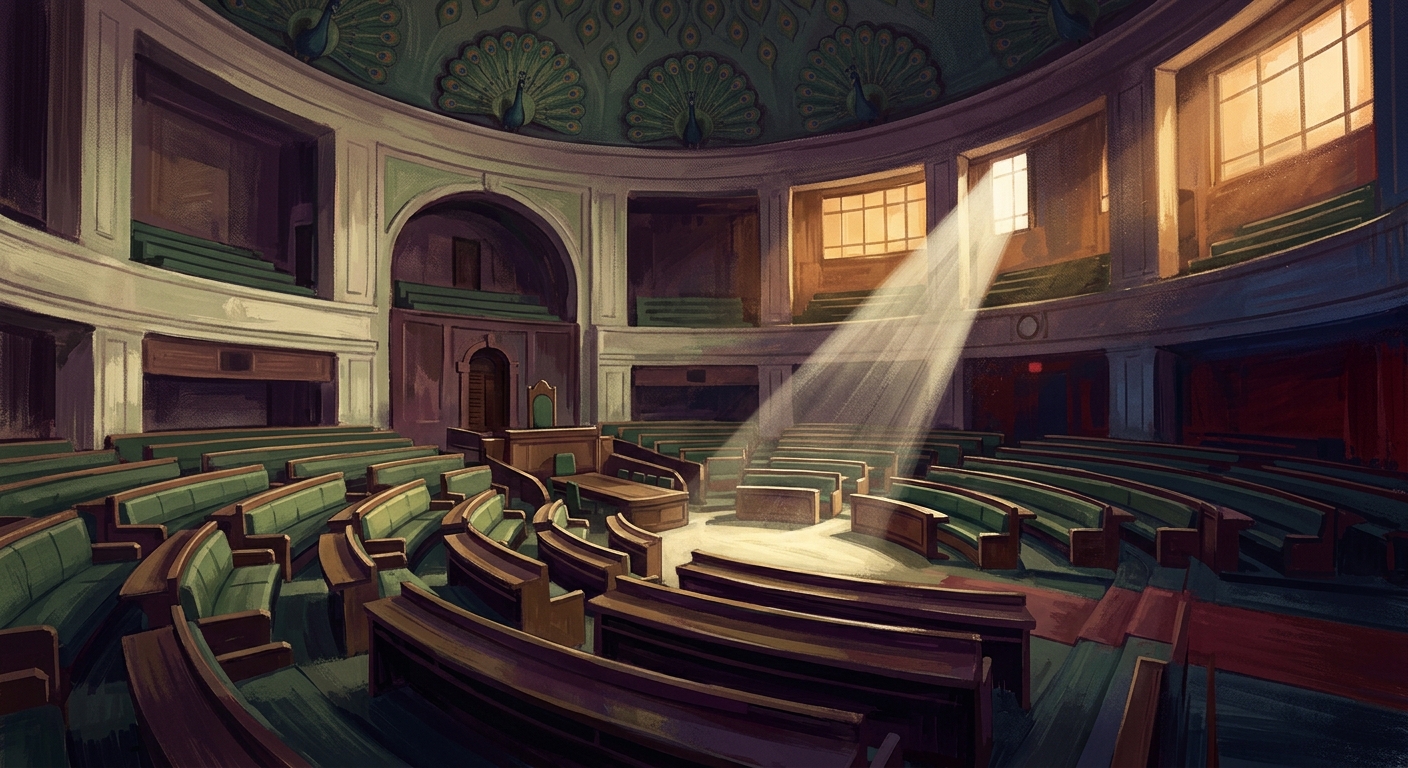 Empty Lok Sabha chamber in India's new Parliament building with a spotlight on empty women MP benches, evening light, editorial photojournalism