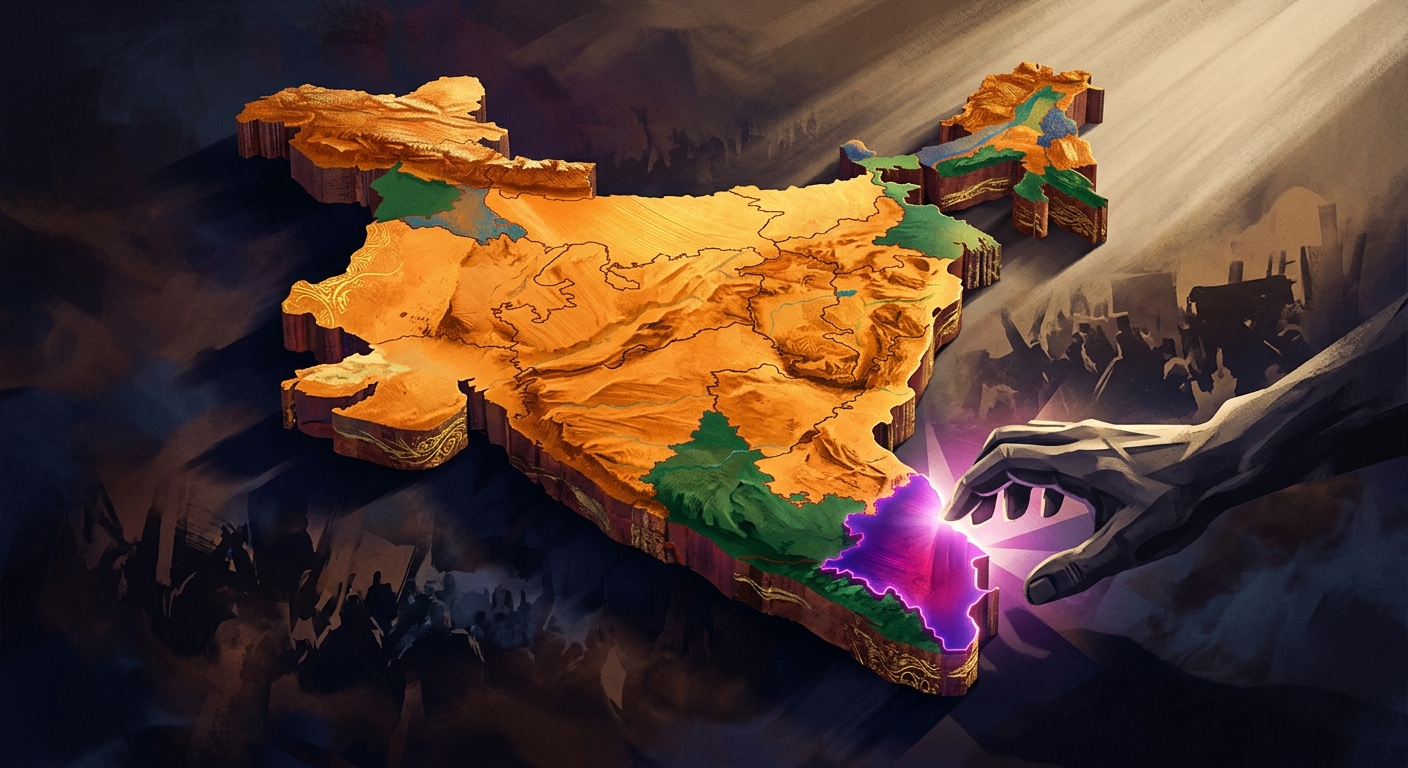 Editorial illustration: A stylized map of India shaded predominantly in saffron/orange with pockets of green Kerala and a bright new color Tamil Nadu.
