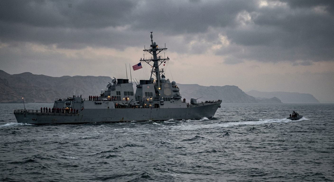 A US Navy destroyer transiting the Strait of Hormuz with an IRGC fast-attack boat in the middle distance