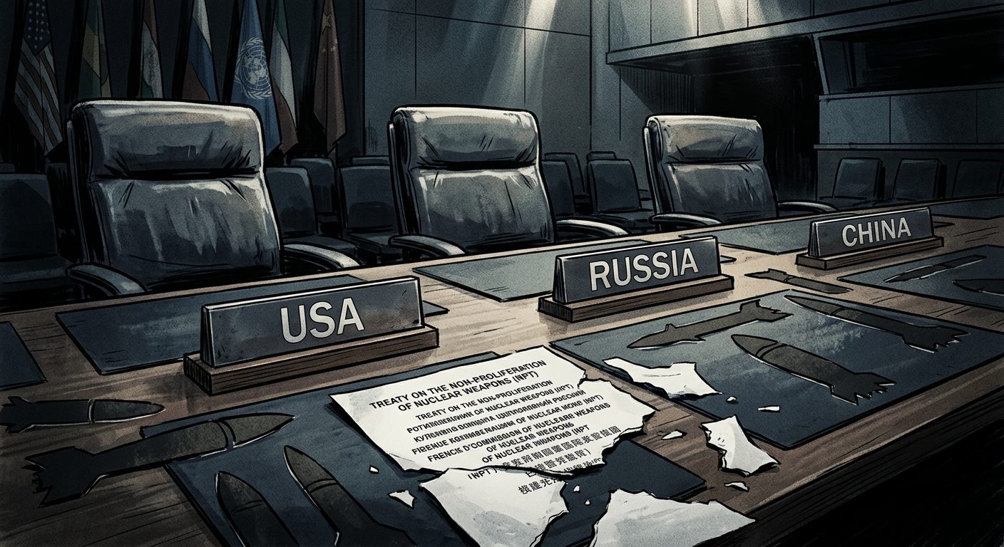 Three empty seats at a UN conference table labelled USA, Russia, China, with nuclear silhouettes and a torn NPT document