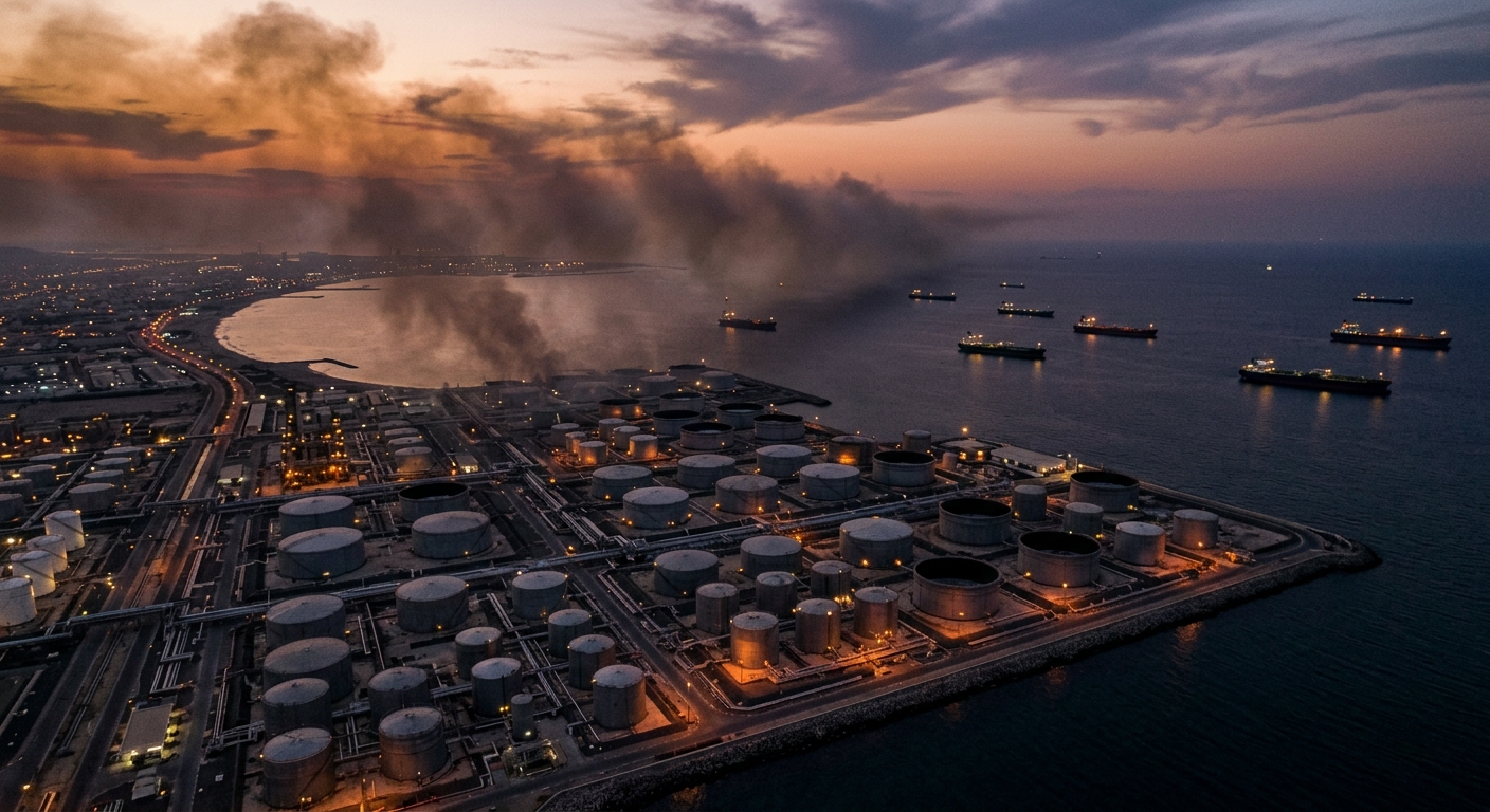 Fujairah oil industry zone at dusk after the drone strike