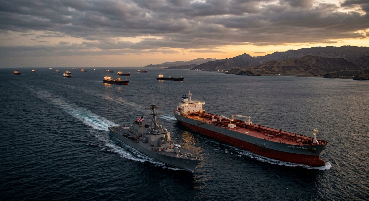 A US Navy guided-missile destroyer escorting a tanker through the Strait of Hormuz at dusk