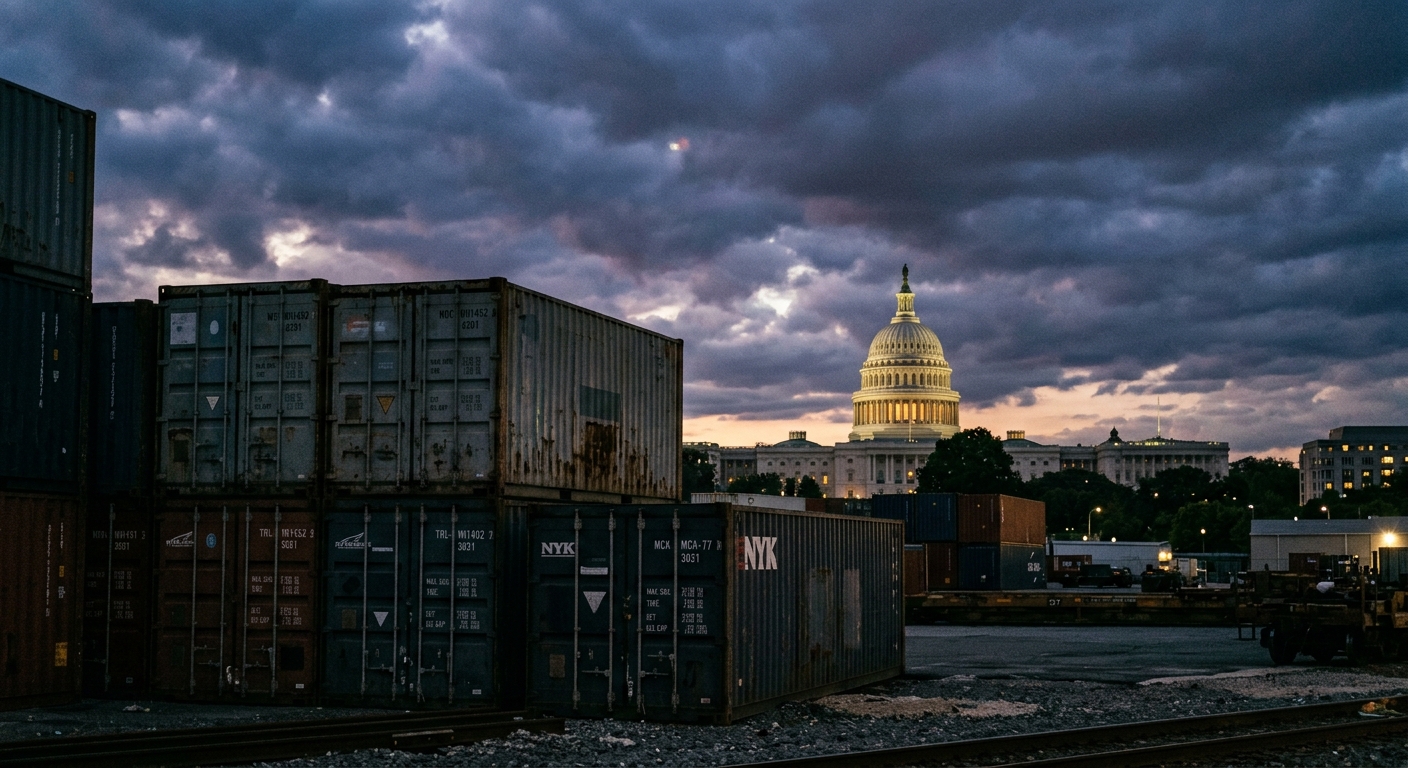 The U.S. Capitol dome at dusk, shipping containers stacked in foreground, dramatic light. Editorial photojournalism style, muted tones.