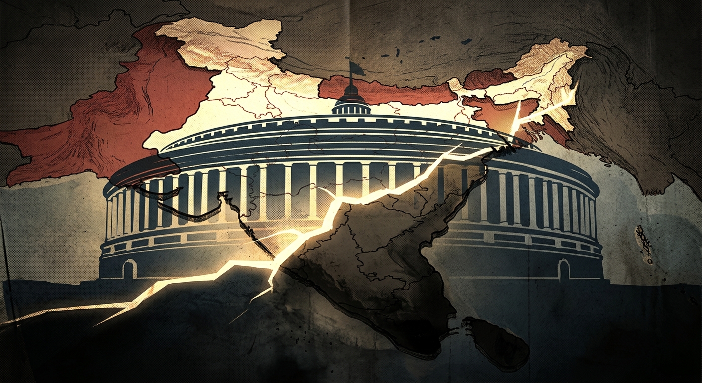 Editorial illustration of a divided India