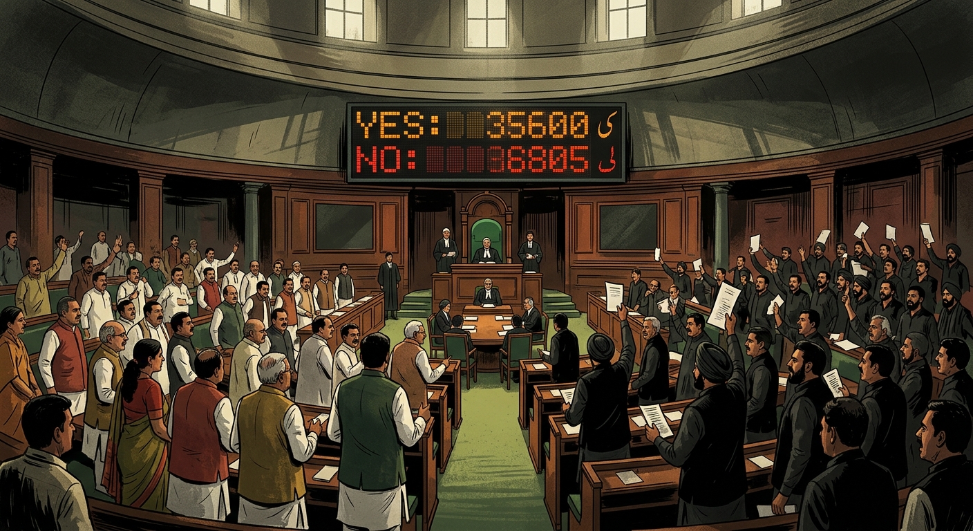 Editorial illustration of the Indian Lok Sabha chamber during a tense vote, MPs in black attire in protest, a large digital vote board glowing behind the Speaker's chair.