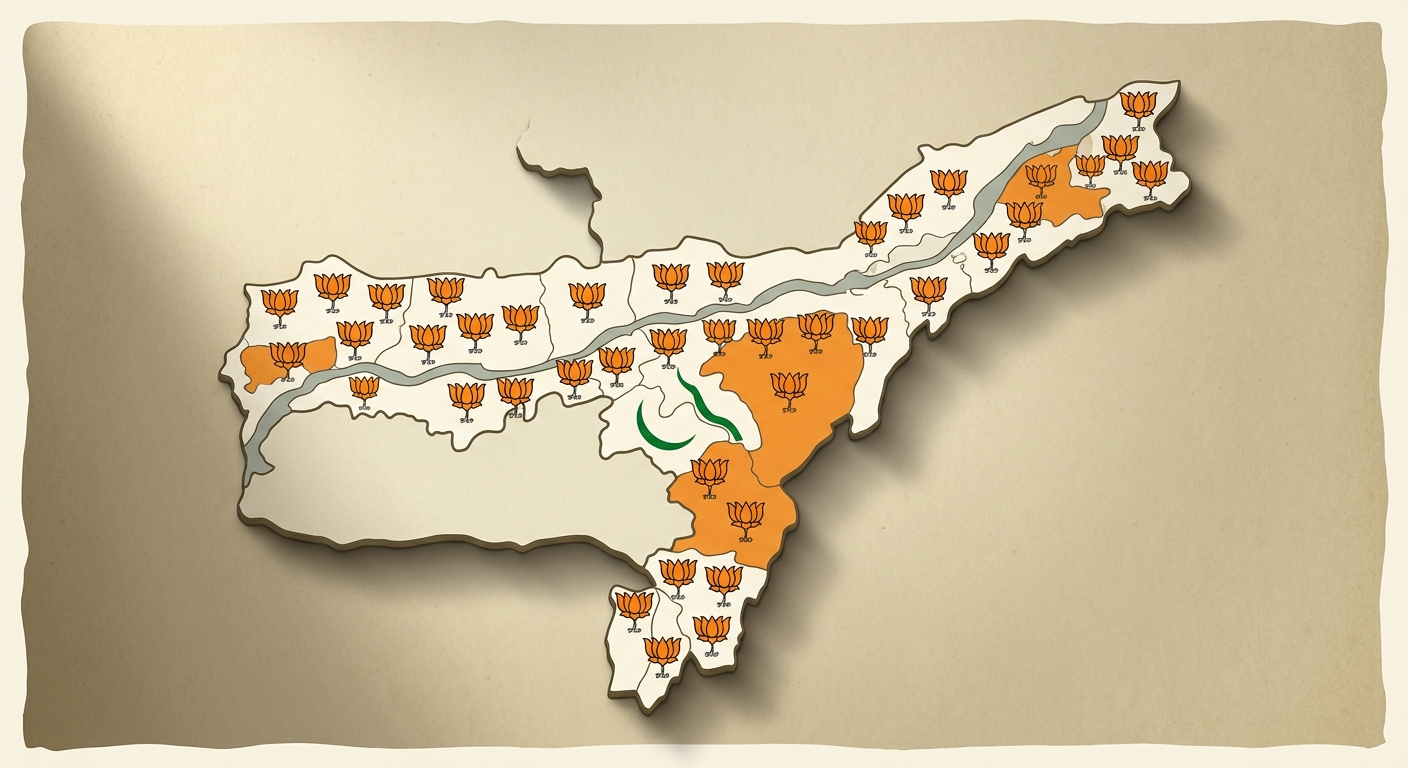 Editorial illustration of a map of Assam with lotus symbols dotted across it