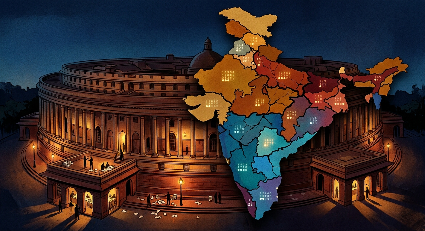Editorial illustration of India's parliament at night with a fractured map of India overlaid