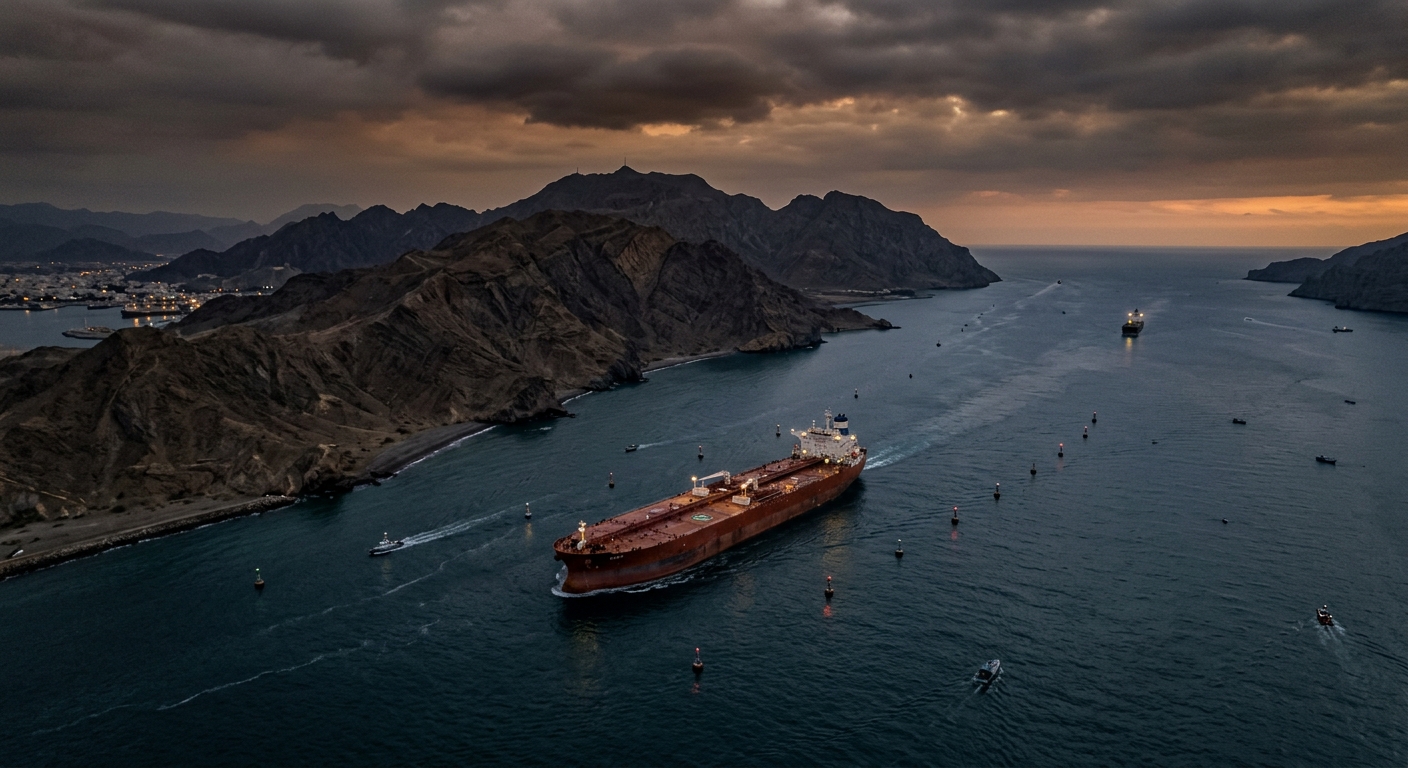 The Strait of Hormuz at dusk, an oil tanker transiting the narrow northern lane along the Iranian coast.