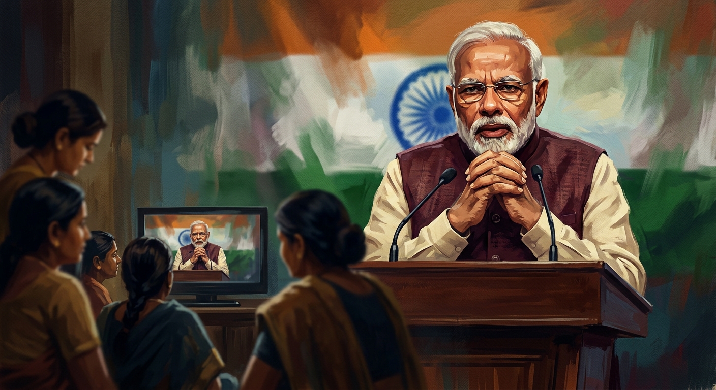 Prime Minister Narendra Modi at a podium addressing the nation on television, somber expression, Indian tricolor backdrop, women watching in foreground blurred
