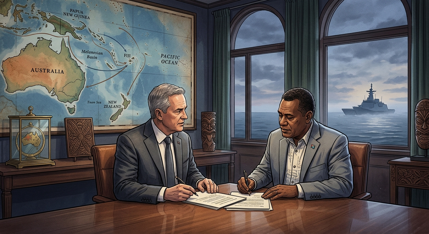 Australian and Fijian prime ministers signing the Ocean of Peace Alliance in Suva