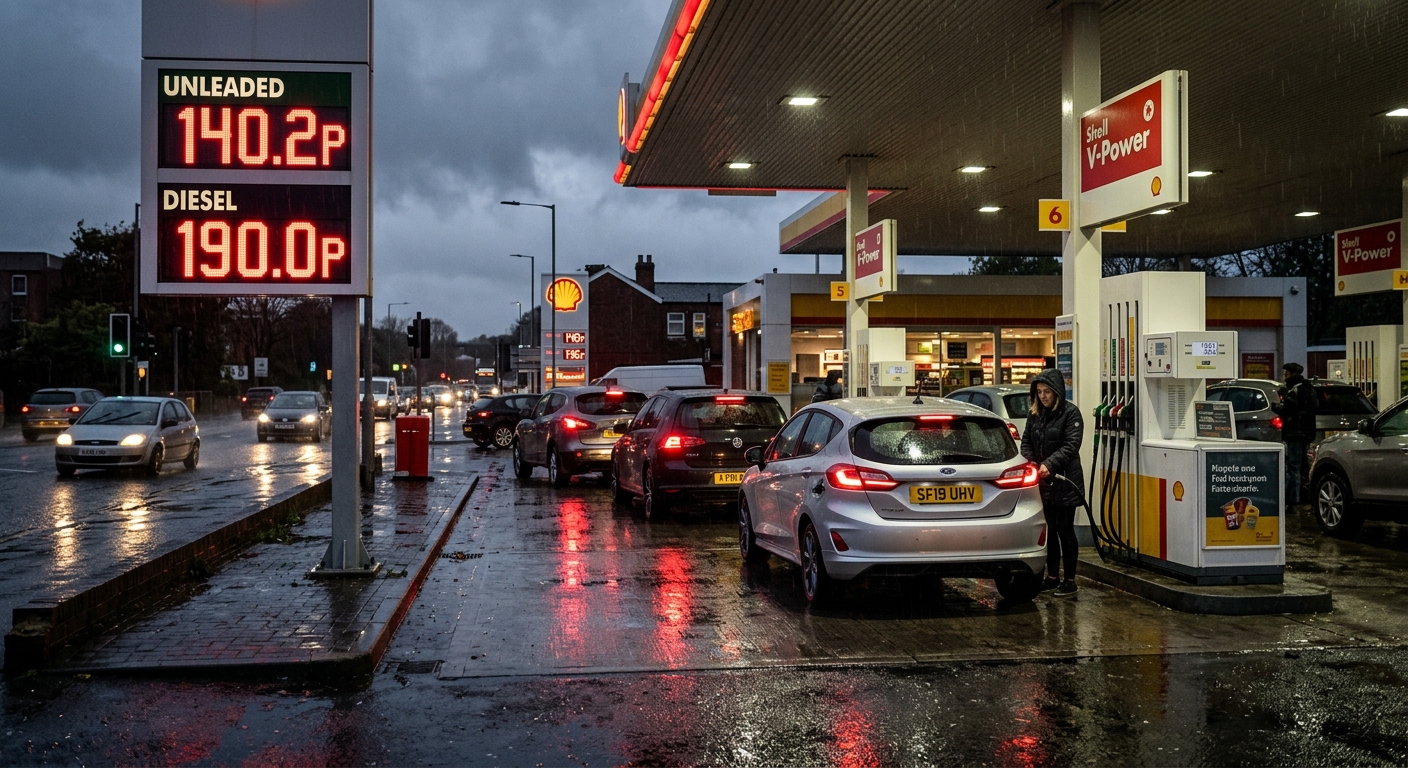 UK petrol station at dusk with high pump prices displayed