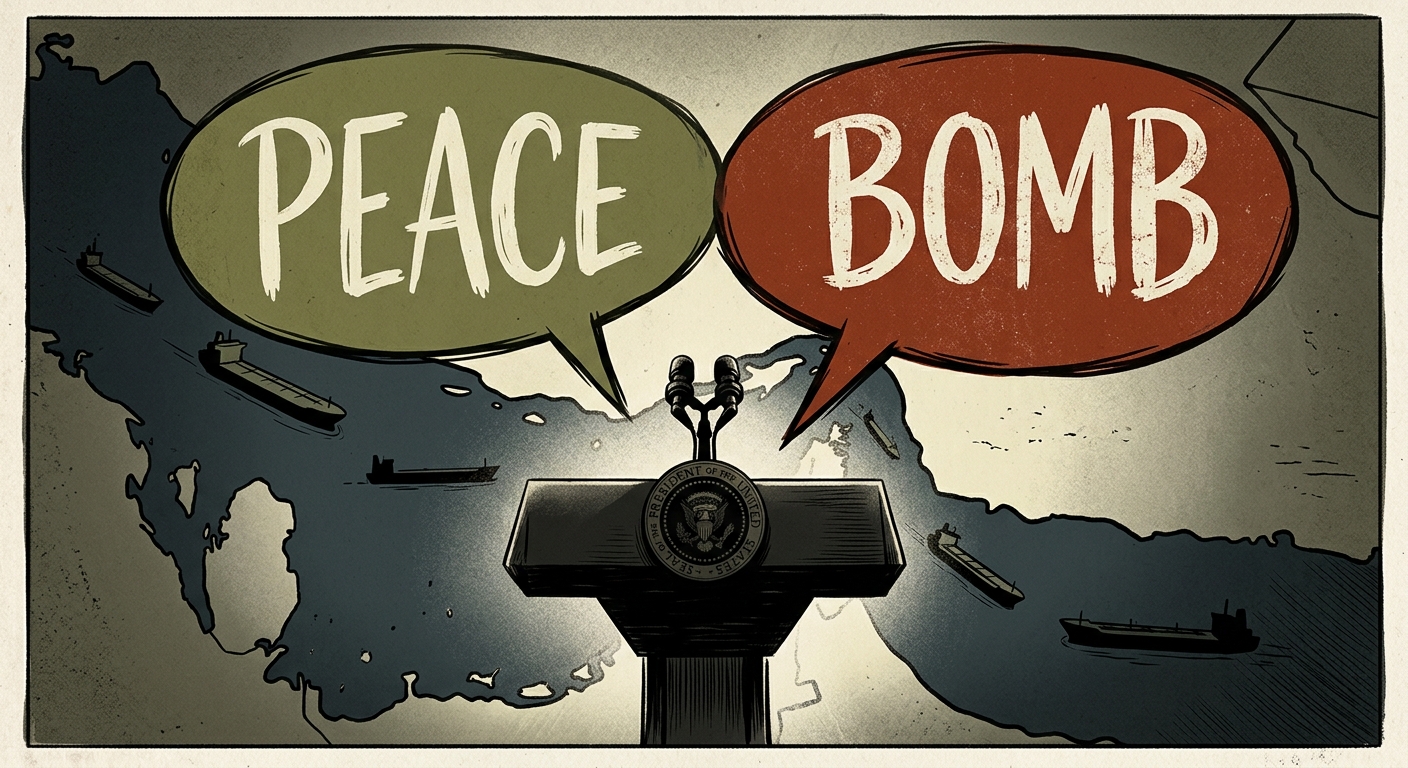 Editorial illustration of two contradictory speech bubbles emerging from a silhouette of a US president podium — one reading "PEACE" in olive green, the other "BOMB" in red — against a stylized Strait of Hormuz map with oil tanker silhouettes. Muted, newspaper-op-ed aesthetic.