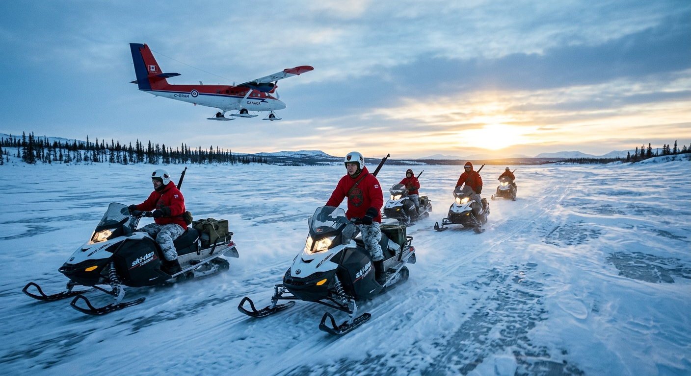 Canadian Rangers on snowmobiles crossing a vast frozen tundra under a low winter sun, red hoodies visible, rifles slung, a Twin Otter aircraft passing overhead. Sparse spruce trees on the horizon. Photojournalistic, cold blue-white palette.