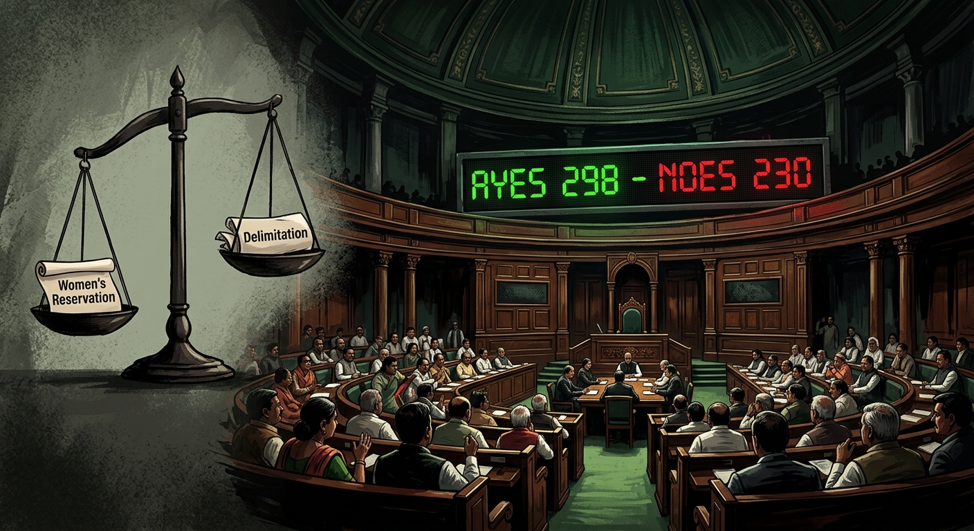 Editorial illustration of India's Lok Sabha parliament chamber during a heated vote, with a large digital display showing "AYES 298 - NOES 230"