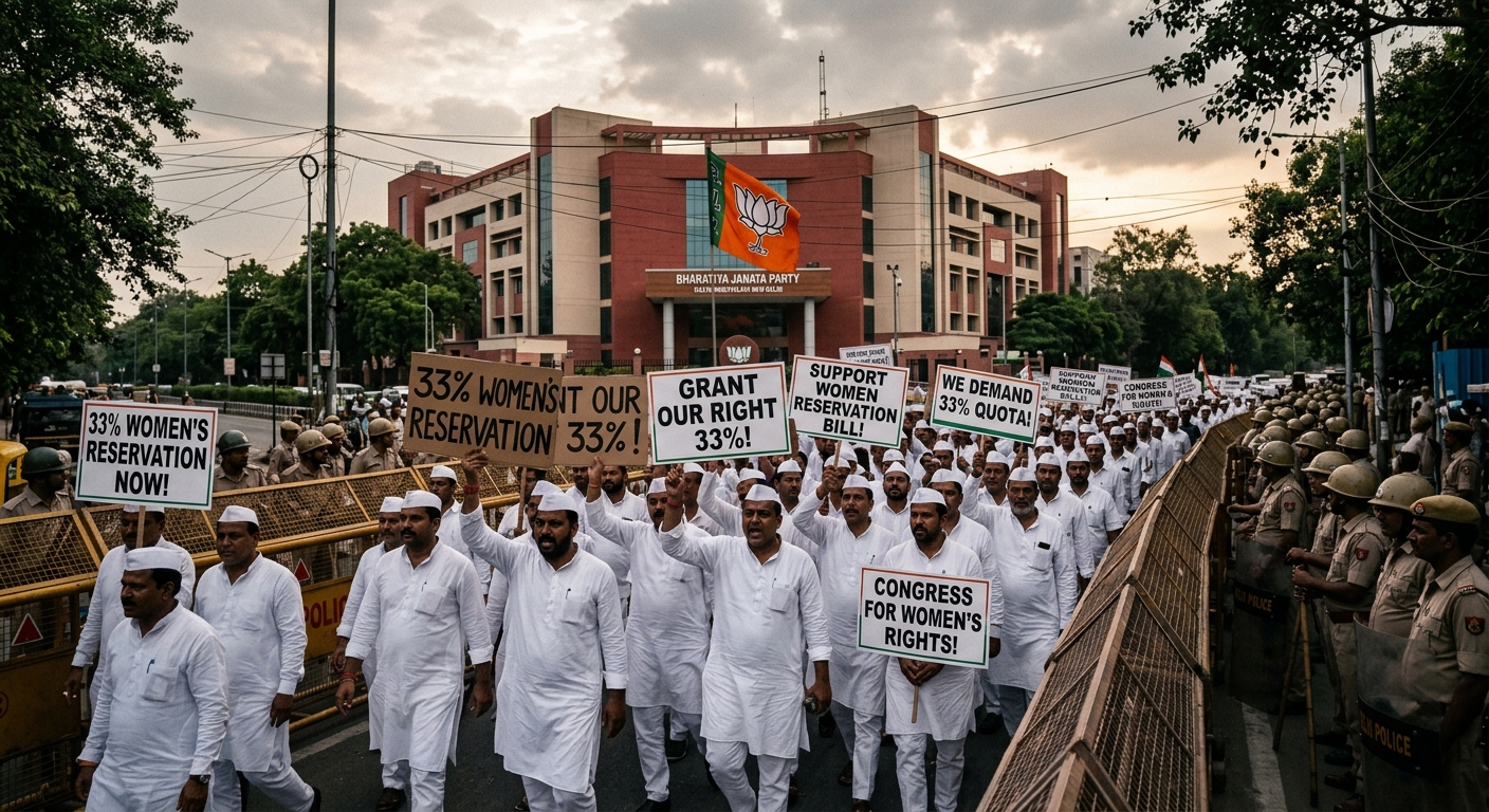 Congress workers demanding women's reservation march past BJP headquarters in New Delhi