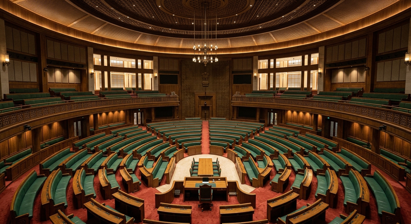 Wide editorial photograph of India's Lok Sabha chamber in the new Parliament building, empty green benches viewed from above, warm ambient lighting, a sense of scale and institutional weight.