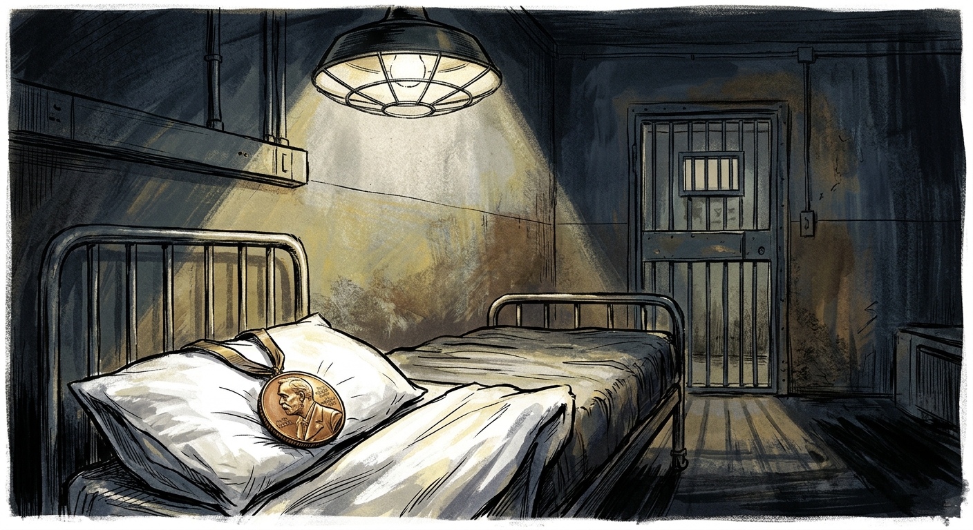 Editorial illustration: an empty hospital bed under a single overhead light, with a Nobel medal on the pillow, and a shadowy prison door in the background.