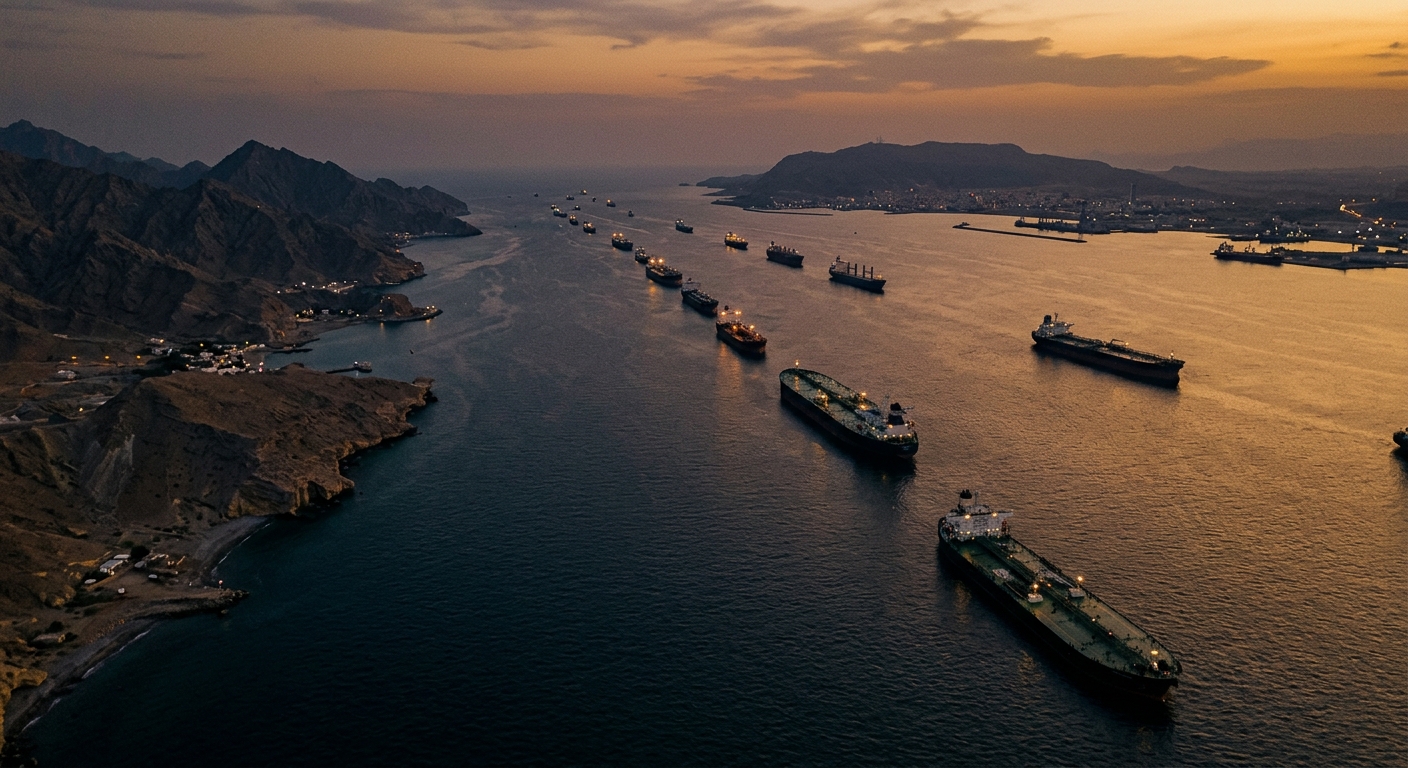 Aerial view of oil tankers in the Strait of Hormuz