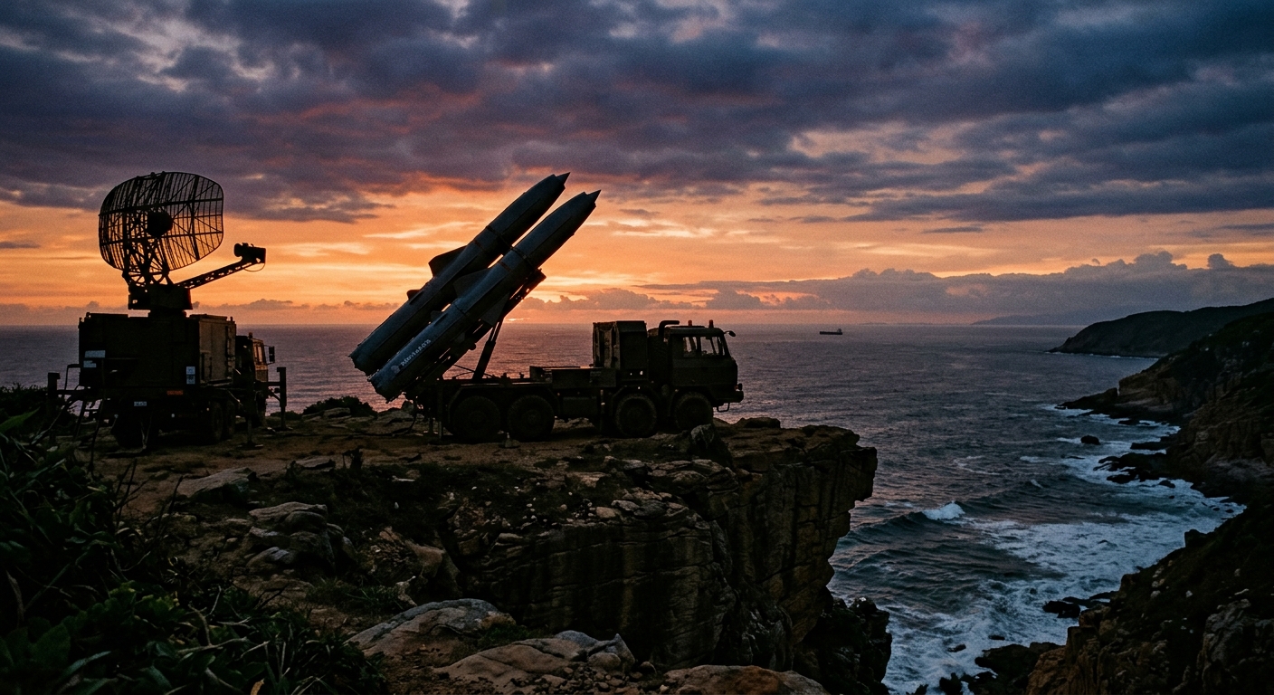 A shore-based BrahMos launcher silhouetted against the South China Sea at dusk