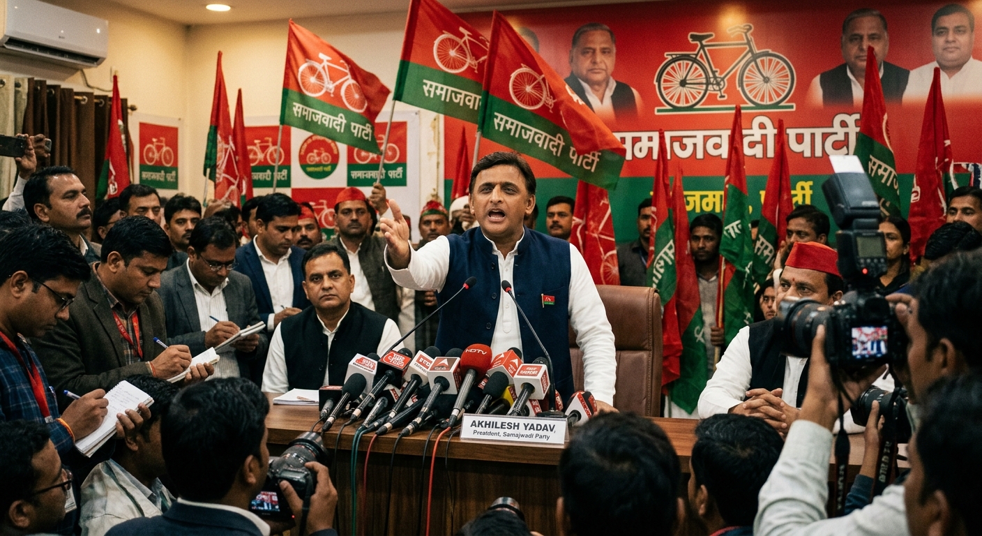 Akhilesh Yadav addressing the press at Samajwadi Party headquarters in Lucknow