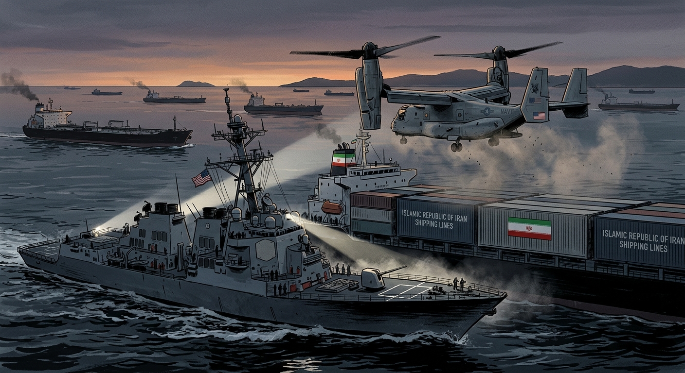 A US Navy destroyer boards an Iranian container ship in the Strait of Hormuz