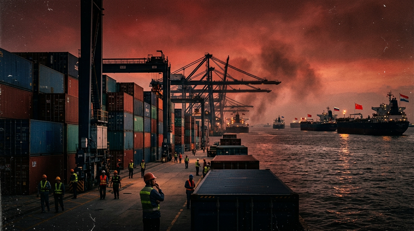 Shanghai port at dusk, containers stacked under a red-tinted sky