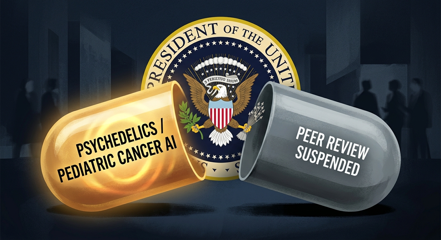 Editorial illustration of the presidential seal overlaid on a split pill capsule