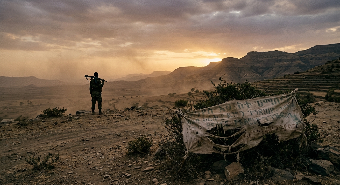 A wide dusty landscape near Mekelle in Tigray at golden hour