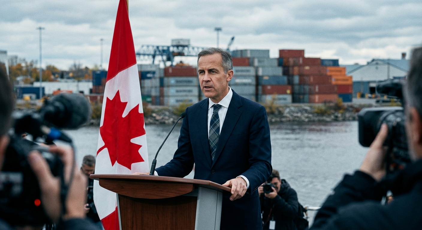 Prime Minister Mark Carney at a podium in Ottawa flanked by a Canadian flag, backdrop of a shipping port with steel and aluminum containers.