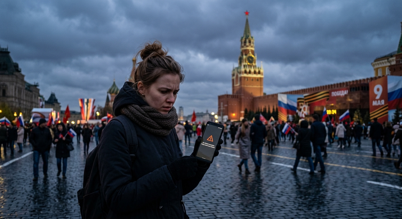A person in central Moscow holding up a smartphone showing a "no internet" error icon, with the Kremlin's Spasskaya Tower and Victory Day banners blurred in the background.