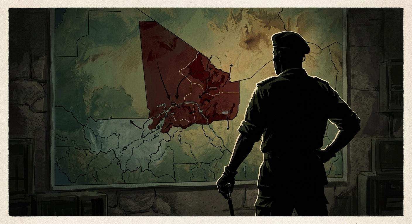 Editorial illustration: silhouette of a general in military fatigues and beret standing before a map of Mali, with insurgent-controlled areas in the north highlighted in red. Somber, muted palette. No text.