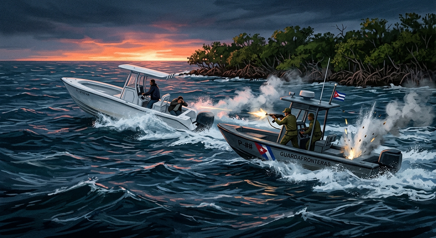 Editorial illustration of a Florida-registered speedboat intercepted by a Cuban border patrol vessel at dawn