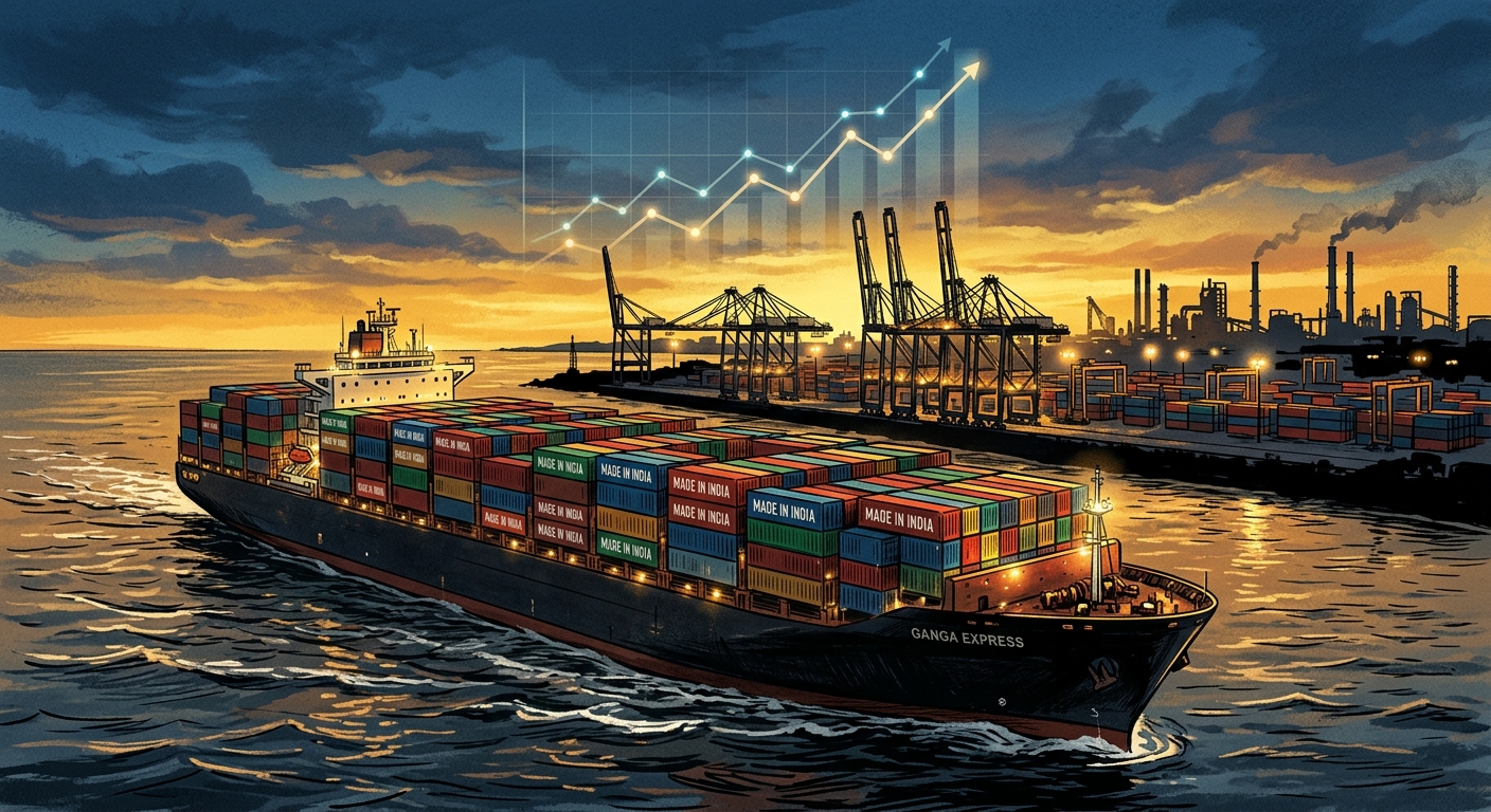 Editorial illustration of India's export ambition: a container ship laden with 'Made in India' cargo departing an Indian port at dusk, with a factory skyline and rising services graph in the sky.