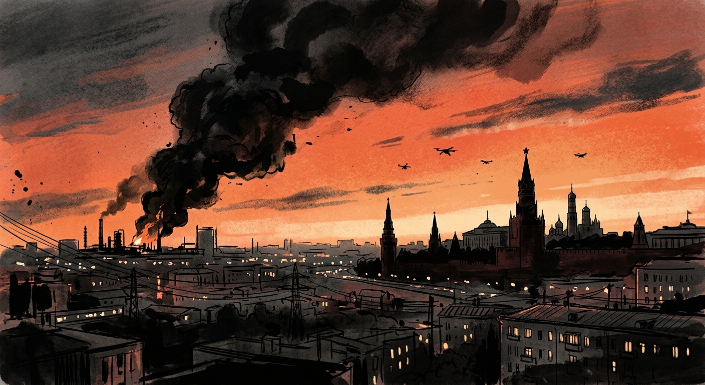 Editorial illustration: black smoke plume from a burning oil refinery rising over the Moscow skyline at dusk