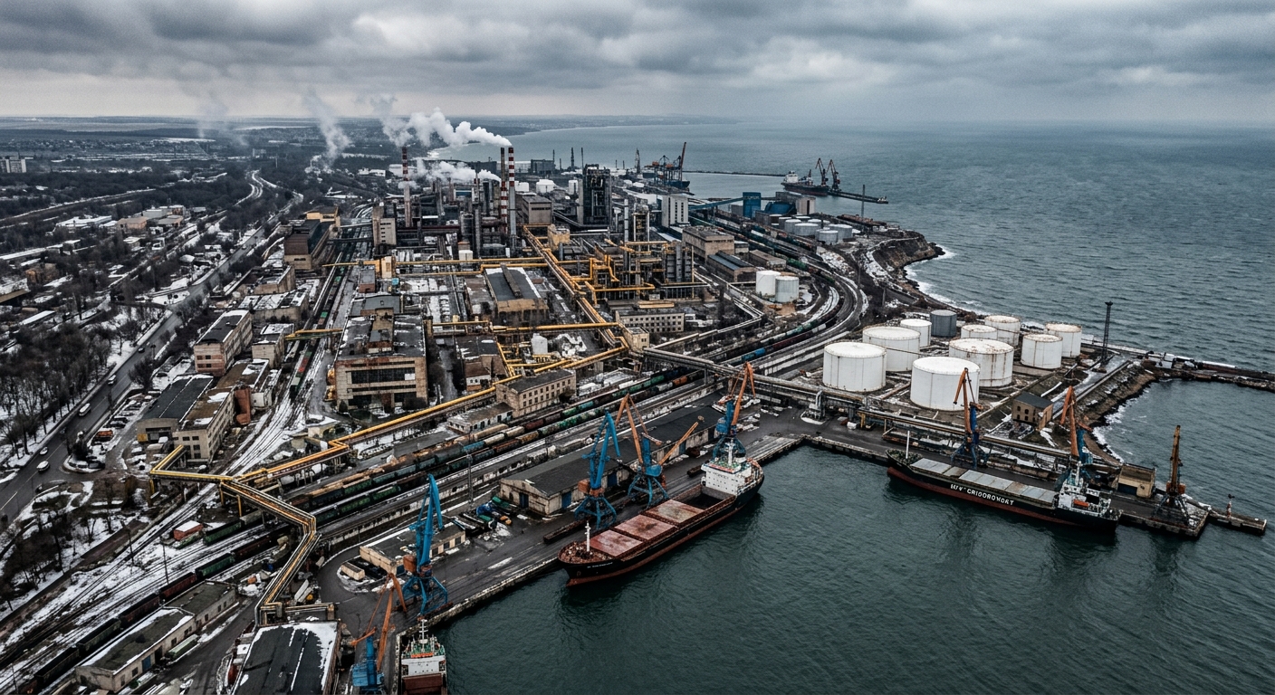 Editorial photograph-style: aerial view of the Odesa Portside Plant, a massive Soviet-era nitrogen fertilizer complex on the Black Sea coast, with pipelines, storage tanks and cranes; overcast winter light; documentary tone. No text, no logos.