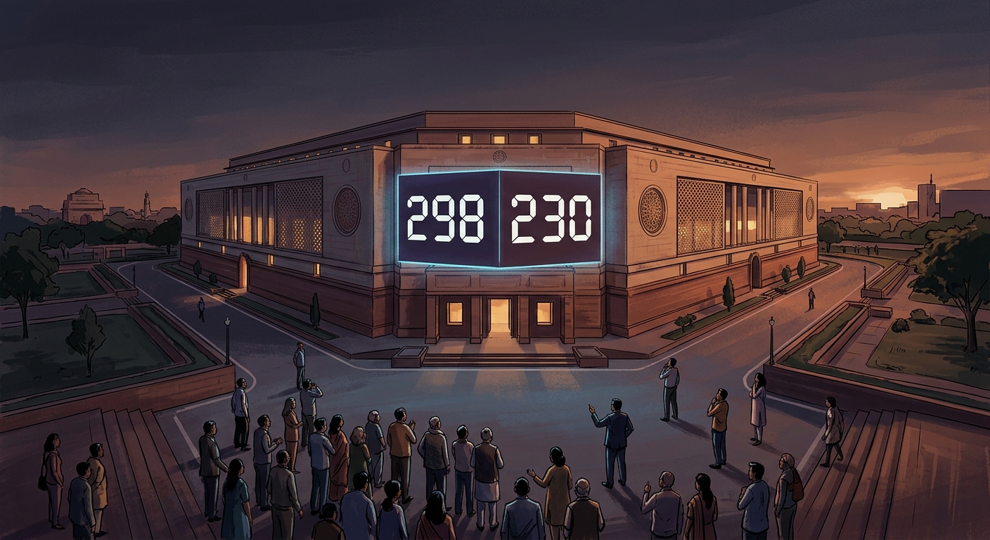 Parliament House in New Delhi with a vote tally board projected on its facade