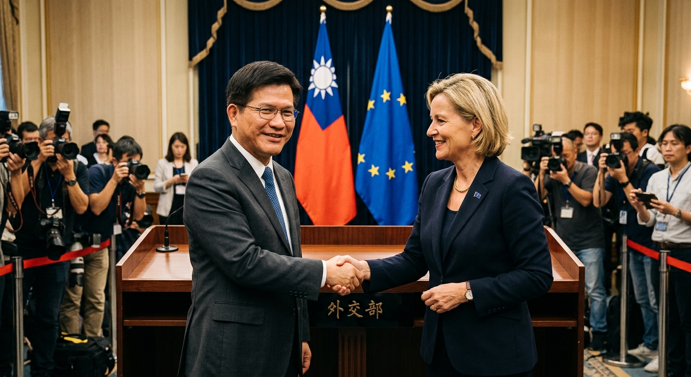 Editorial photojournalistic image: Taiwan's foreign minister Lin Chia-lung shaking hands with a European counterpart in front of Taiwanese and EU flags, warm lighting, formal press conference setting, high resolution, sharp focus.